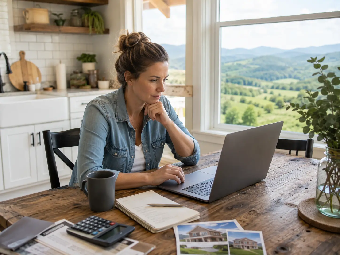 Work-from-home farmhouse kitchen by the mountains