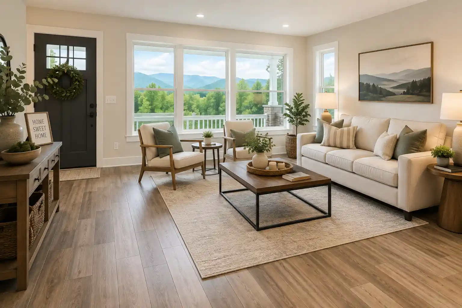 Bright Modern Living Room with Mountain Views