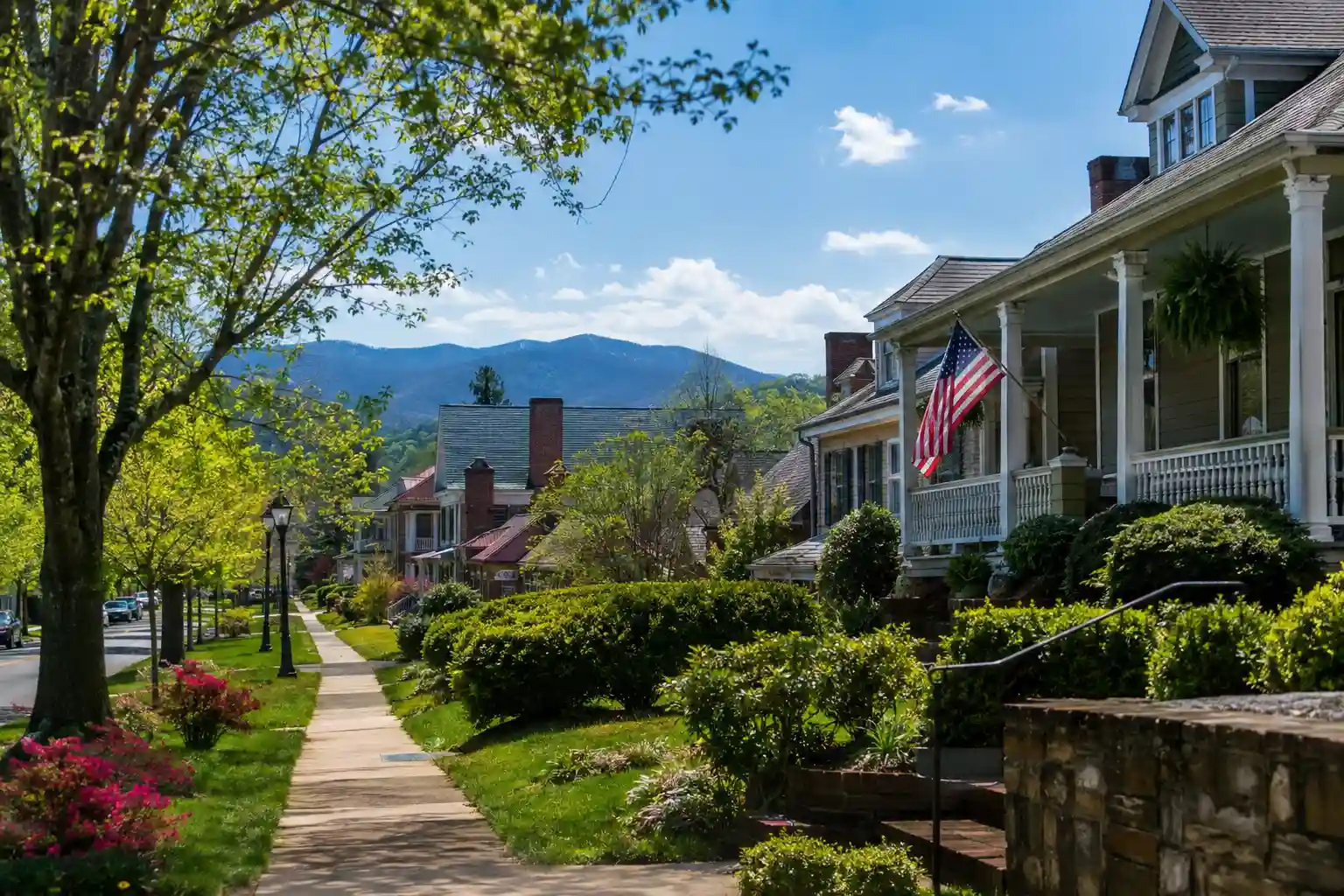 Tree-Lined Neighborhood Street with Mountain Views